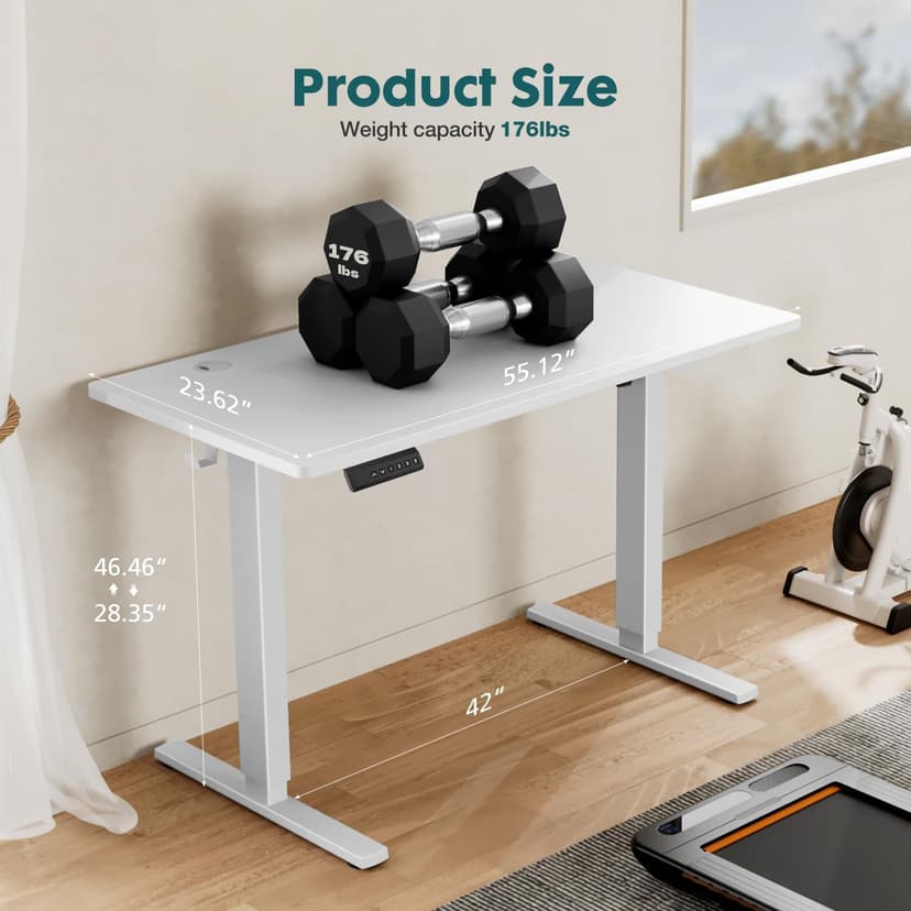 Standing Desk, Adjustable Height Electric Sit Stand Up Down Computer Table, 55x24 Inch Ergonomic Rising Modern Lift Motorized Gaming Desktop Workstation for Work Home Office - White