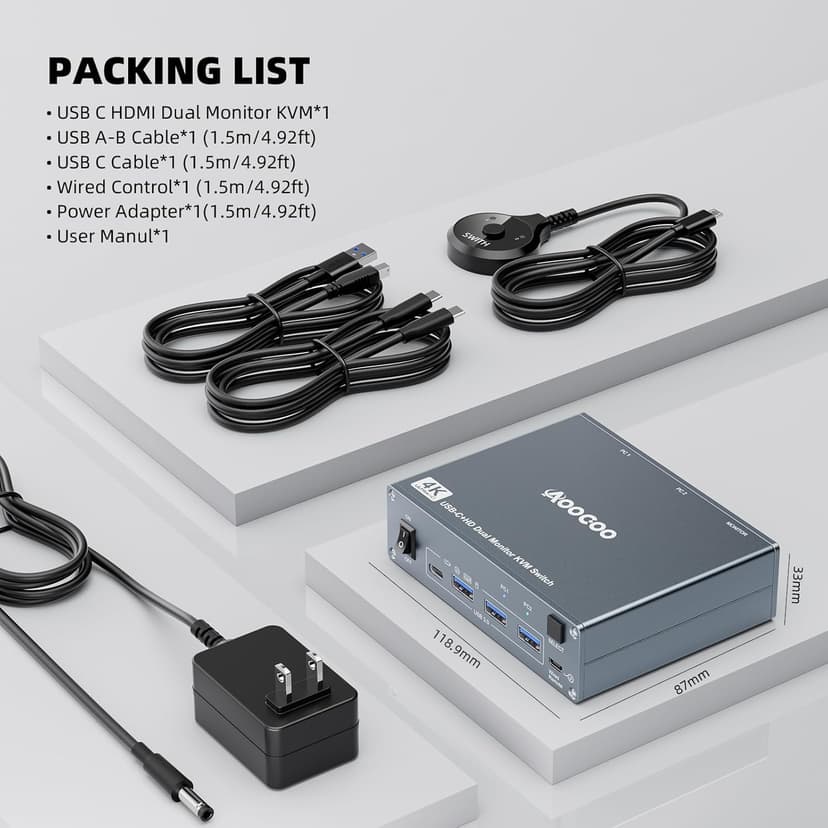 USB C KVM Switch 4K@60Hz,Dual Monitor USB C HDMI KVM Switch for 1 PC and 1 Laptop Sharing 2 Monitor and 4 USB3.0 Devices, PD Power for Laptop with Wired Remote Control and USB Cables Included