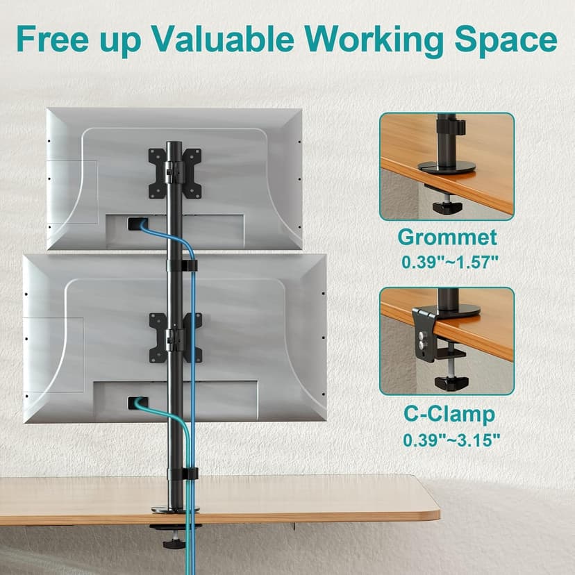 MOUNT PRO Vertical Dual Monitor Stand, Stacked Monitor Mount for 2 Monitors Up to 32 inches, Computer Monitor Arm with Swivel, Tilt, Height Adjustable, Each Monitor Desk Mount Holds up to 17.6 lbs