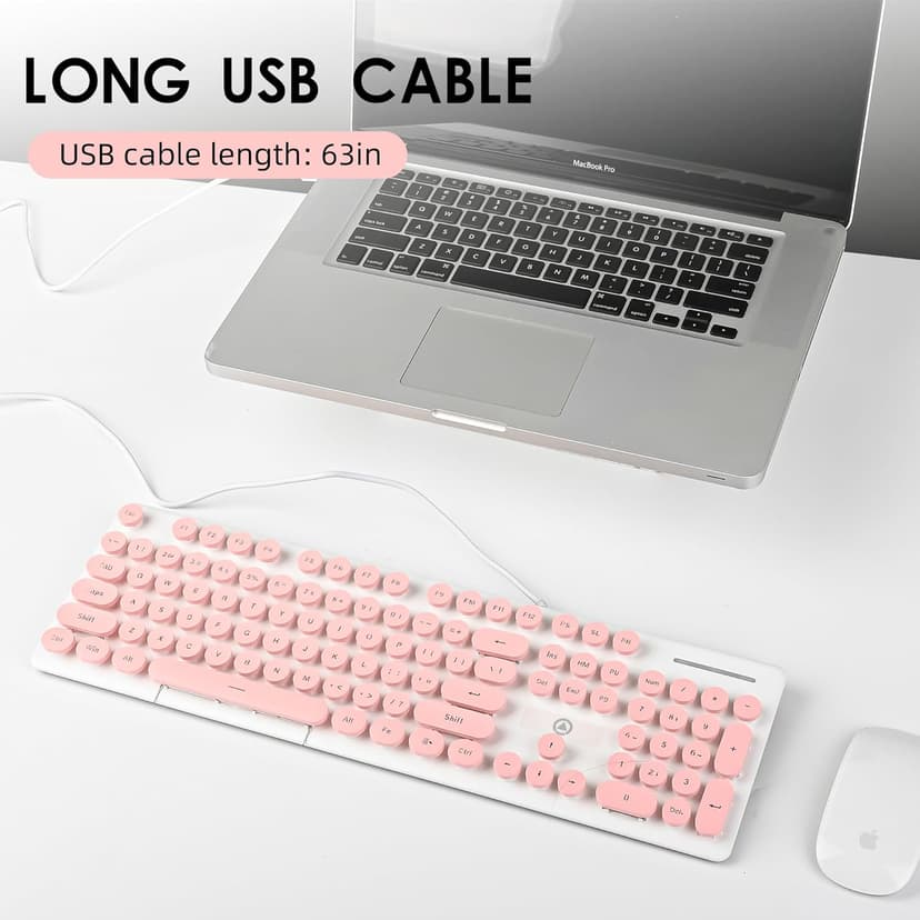 Wired Quiet Membrane Keyboard,Full Size 104-Keys Retro Punk Typewriter White LED Backlit ，USB Ultra Slim Gaming Keyboard with ABS Round keycaps for Windows/PC/Laptop (Pink)