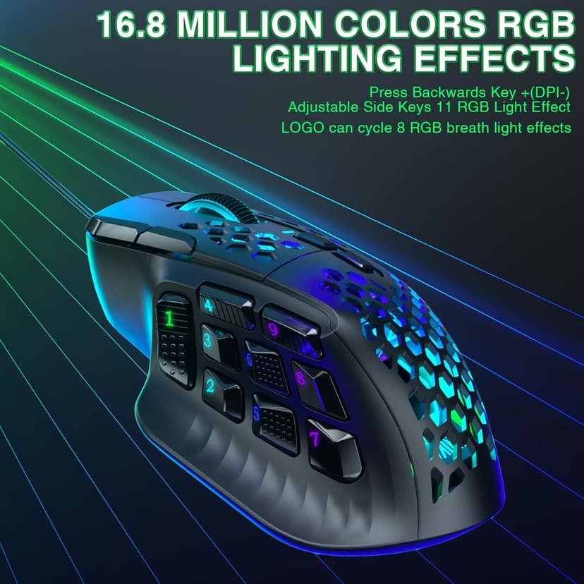 SOLAKAKA SM809 Wired MMO Gaming Mouse, with 9 Side Buttons RGB Mouse, 24000 DPI High-Precision Optical Sensor, Ergonomic Mice, 16 Programmable Macro Shortcuts/Remapping PC Gaming Mouse for FPS Games