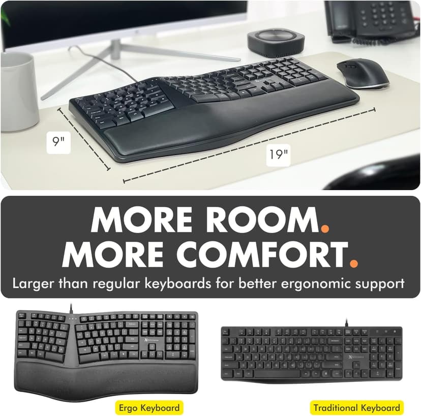 X9 Wired Ergonomic Keyboard with Cushioned Wrist Rest - Type Comfortably Longer - USB Wired Split Keyboard for Laptop, PC & Chrome Computer with 110 Ergo Keys & 5ft Cable