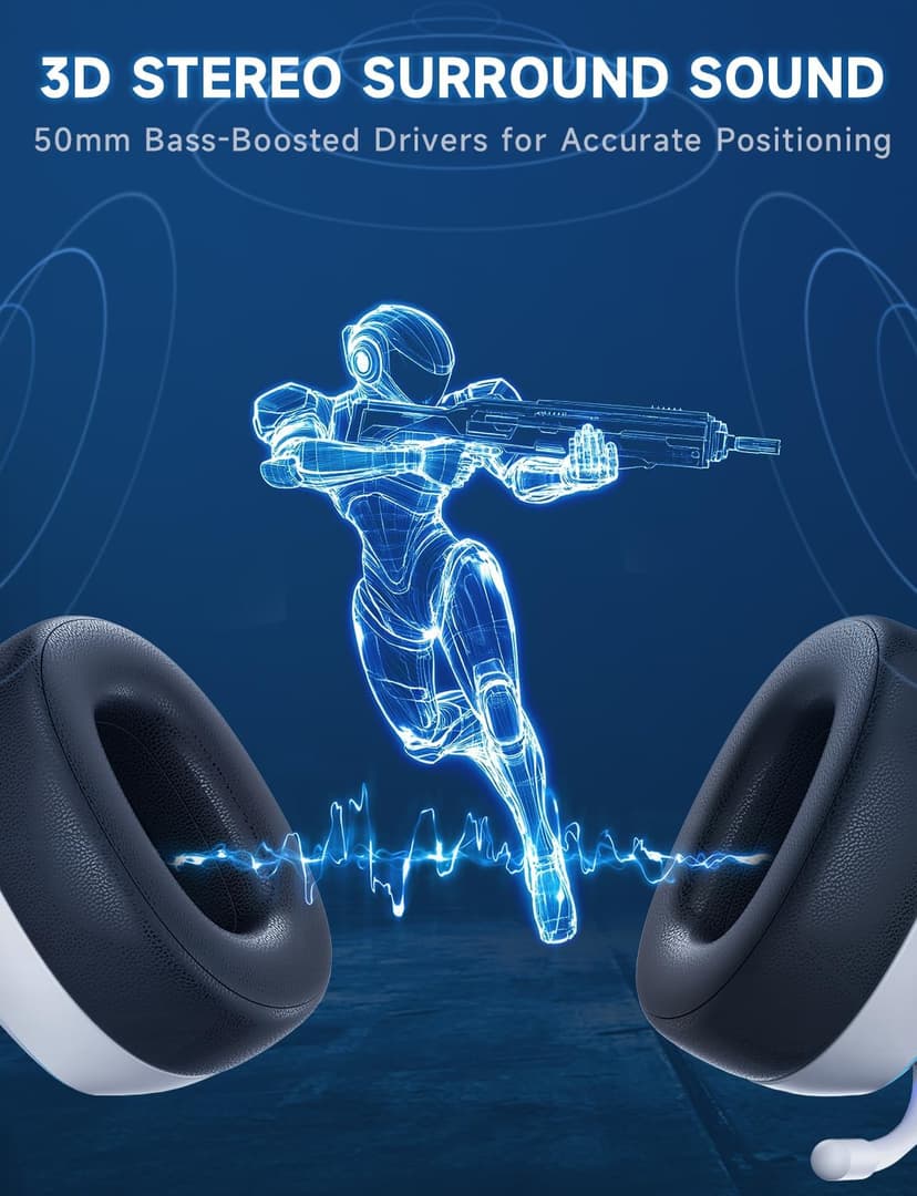 2.4GHz Wireless Gaming Headsets for PS5, PS4, PC, Switch - Bluetooth 5.3 Gaming Headphones with Noise Canceling Mic, 7.1 Surround Sound, 70H Battery, Blue Lighting - White