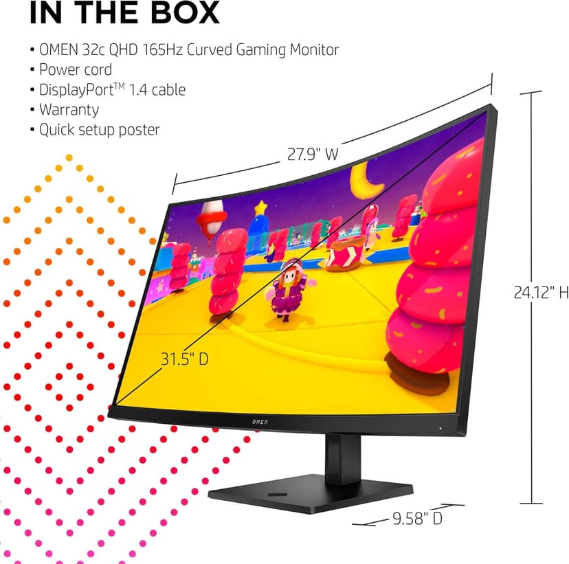 HP OMEN 32c QHD 165Hz Curved Gaming Monitor, QHD Display (2560 x 1440), VA Panel, 99% sRGB, 90% DCI-P3, 16:9, AMD FreeSync Premium Technology, 32c (2023)
