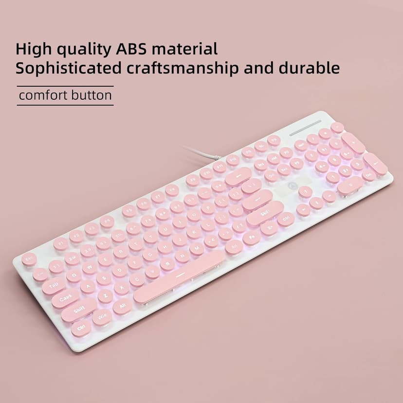 Wired Quiet Membrane Keyboard,Full Size 104-Keys Retro Punk Typewriter White LED Backlit ，USB Ultra Slim Gaming Keyboard with ABS Round keycaps for Windows/PC/Laptop (Pink)