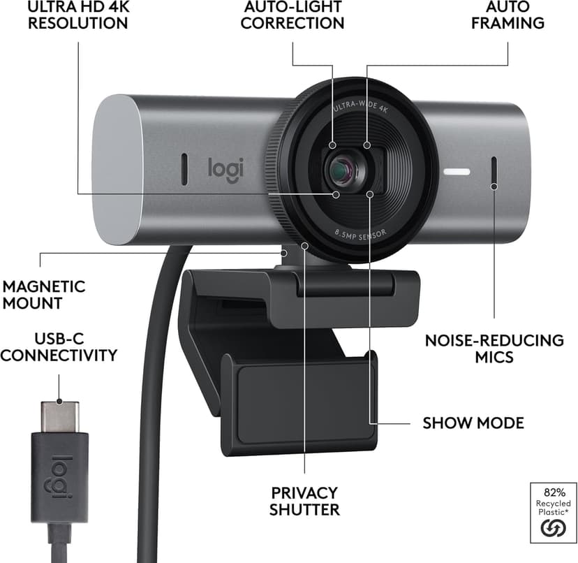 Logitech MX Brio Ultra HD 4K Collaboration and Streaming Webcam, 1080p at 60 FPS, Dual Noise Reducing Mics, Show Mode, USB-C, Webcam Cover, Works with Microsoft Teams, Zoom, Google Meet - Graphite