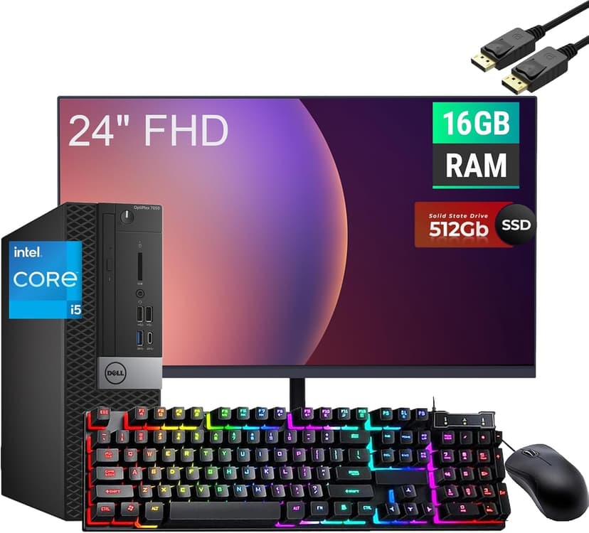 Dell Optiplex 7050 SFF PC Desktop Computer PC Setup, 24" FHD Monitor, Intel Core i5-7500 3.4GHz Up to 3.8GHz, 512GB SSD, 16GB RAM, RGB Keyboard, Mouse, DP Cable, Win 10 Pro(Renewed)