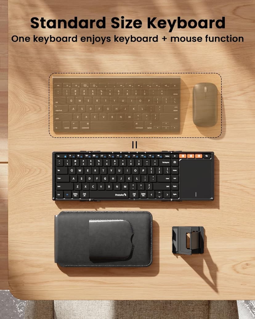 ProtoArc Foldable Keyboard with Touchpad, XK01 TP Folding Portable Keyboard, Full Size Keys, Large Trackpad Bluetooth Travel Keyboards for iPad Laptop PC Tablets -Black