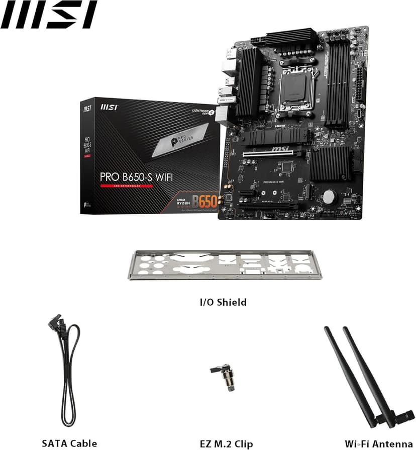 msi PRO B650-S WiFi V1 Motherboard, ATX - Supports AMD Ryzen 9000/8000 / 7000 Series Processors, AM5 - DDR5 Memory Boost 6000+MHz/OC, 2 x PCIe 4.0 x16, 2 x M.2 Gen4, Wi-Fi 6E