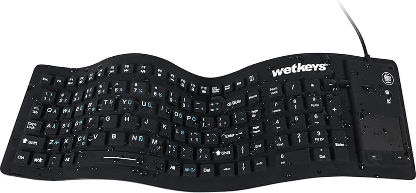 WetKeys "Flex Touch Full-Size Flexible Silicone Washable Keyboard with Touchpad and ON/Off Switch (USB) (Black) | KBWKFC103STi-BK
