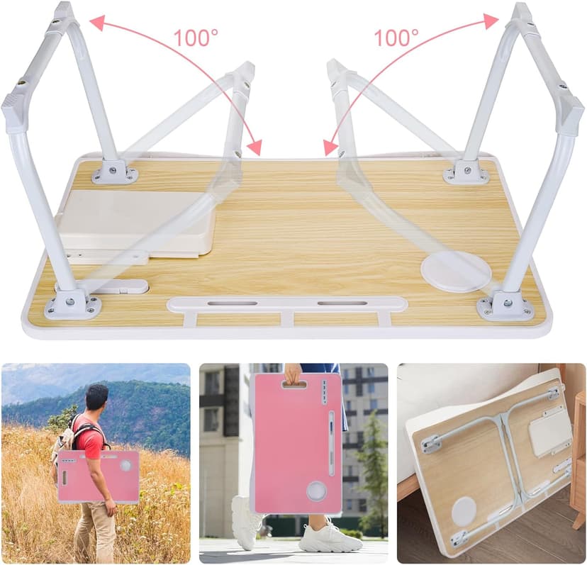 Laptop Bed Table, Laptop Desk for Bed, Foldable Laptop Bed Desk with USB Charge Port, Handle, Desktop Card Slot, Cup Slot, Side Drawer, Portable Laptop Table for Eating Reading Working