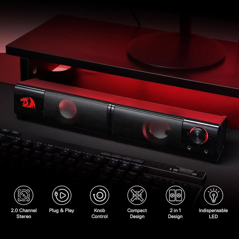 Redragon GS550 PC Gaming Speakers, 2.0 Channel Desktop Computer Sound Bar with Compact Maneuverable Size, Headphone Jack, Quality Bass & Decent Red Backlit, USB Powered w/ 3.5mm Cable