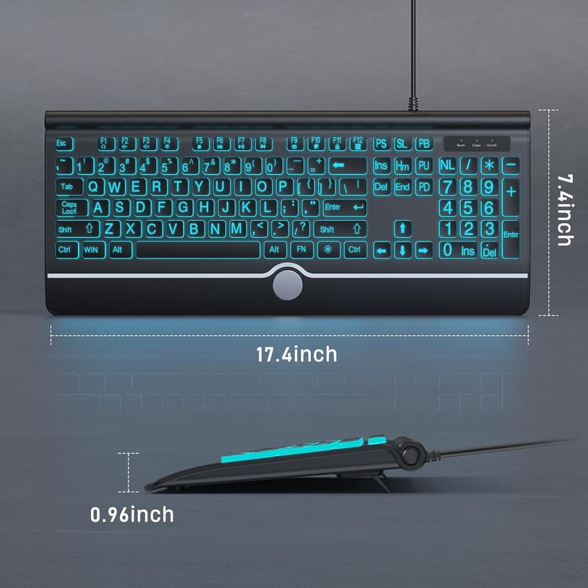 Large Print Backlit Computer Keyboard, 7-Color Backlit Keyboard with Wrist Rest, USB Plug-and-Play, Oversize Letters Keys Easy to See and Type, Wired Light Up Keyboards for Laptop, PC, Gaming