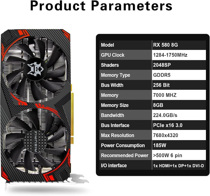 RX 580 Graphics Card 8GB GDDR5 2048 SP PCIe 3.0 Dual Fan Cooling DirectX 12 256-Bit HDMI/DP/DVI Outputs Video vard for Gaming PC and Streaming