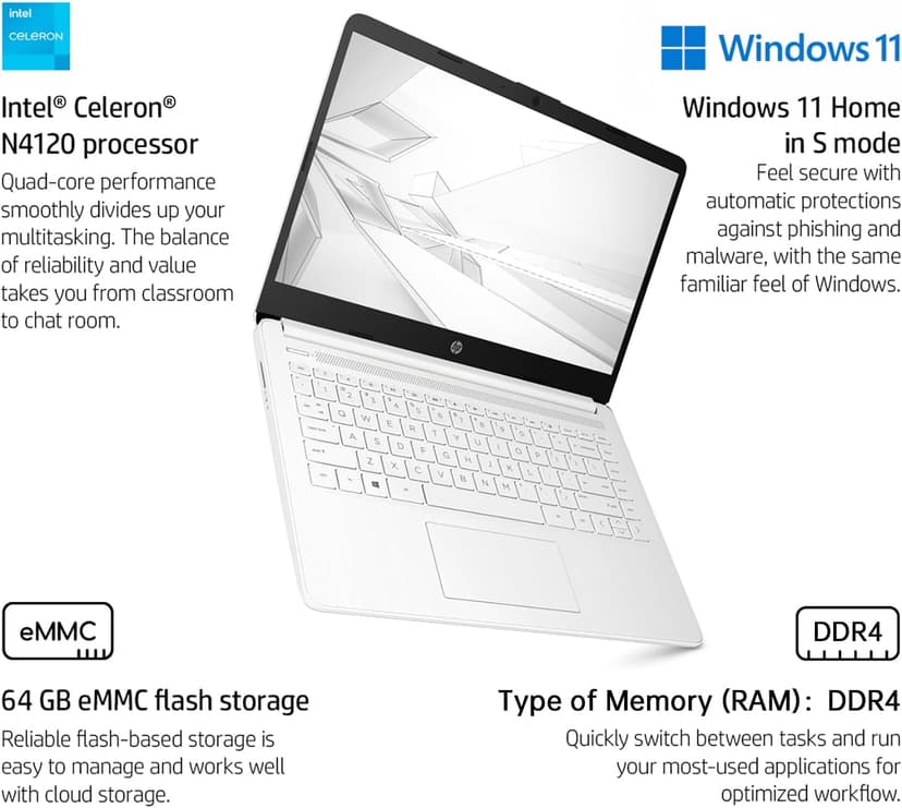HP 14" HD Student Business Laptop, Intel Quad-Core N4120, 16GB RAM, 320GB Storage, (64GB eMMC+256GB SD Card), 1 Year Office 365, Slim Design, Webcam, HDMI, Bluetooth, WiFi, Win 11 S, White