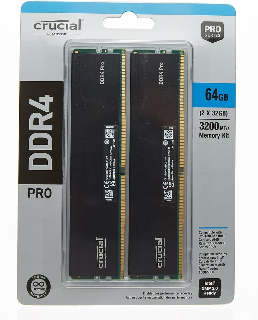 Crucial Pro 64GB DDR4 RAM Kit (2x32GB), 3200MHz (or 3000MHz or 2666MHz) Desktop Memory, Compatible with Intel and AMD Ryzen - CP2K32G4DFRA32A