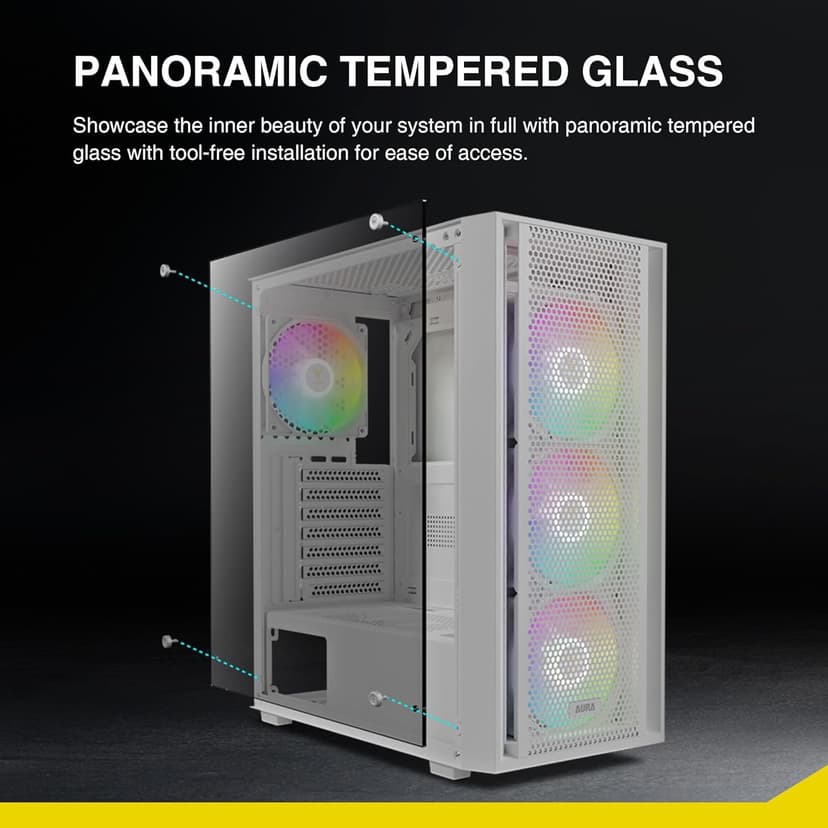 GAMDIAS White ATX Mid Tower Gaming Computer PC Case with Side Tempered Glass, Preinstalled 4X 120mm ARGB Fans, Support Up to 6X 120mm Fans, 360mm AIO/Radiator, 340mm GPU/VGA, 160mm CPU Air Cooler