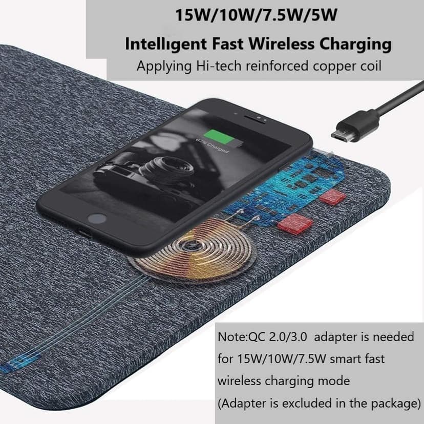 AmyZone Fast Wireless Charging Mouse Pad 15w Qi Certified Fabric Case-Friendly Large Wireless Charger Gaming Mouse Mat for iPhone 13/12 Pro/Xs/X/8/11 Samsung S10 Note 10 Google Pixel 4/3 XL for Gift