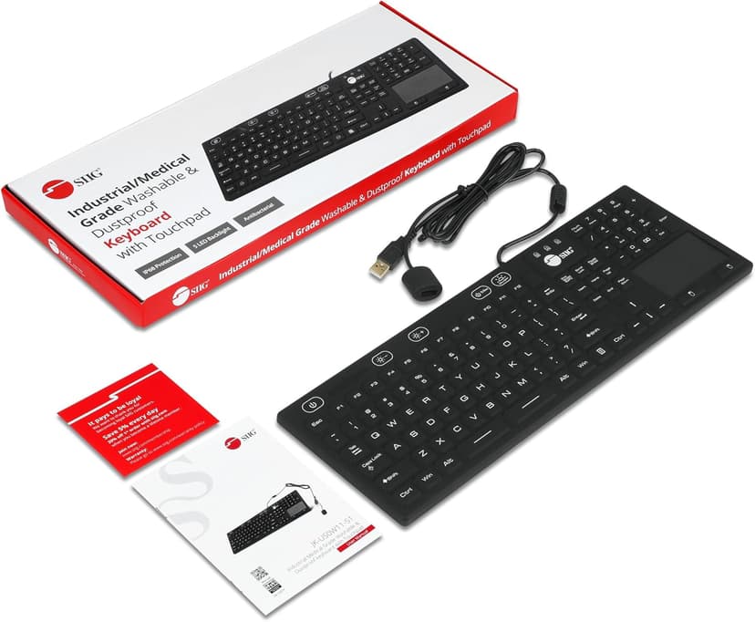 SIIG Wired Silicone Washable USB-A Keyboard with Touchpad, 110-key Layout, Industrial & Medical Grade, Dustproof, IP68 Compliant, 5 Levels Brightness, Silent & Quiet, Windows, Mac (JK-US0W11-S1)