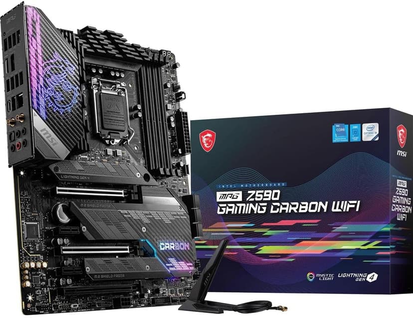 MSI MPG Z590 Gaming Carbon WiFi Gaming Motherboard (ATX, 11th/10th Gen Intel Core, LGA 1200 Socket, DDR4, PCIe 4, CFX, M.2 Slots, USB 3.2 Gen 2, Wi-Fi 6E, DP/HDMI, Mystic Light RGB)