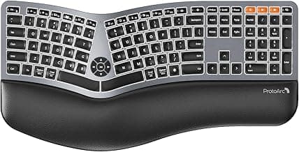 ProtoArc Backlit Bluetooth Ergonomic Keyboard, EK01 Plus Full Size Wireless Split Keyboard with Dual Bluetooth and USB, Cushioned Wrist Rest, Rechargeable, Compatible with Windows/Mac/Android, Grey