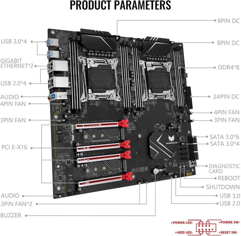 X99 Dual CPU Motherboard LGA 2011-3 Server Motherboard for Intel i7 5th/6th Gen Xeon E5 V3/V4 Series (E-ATX, 8*DDR4 ECC Max 256G, 2*NVME M.2, 2*Gb LAN, SATA 3.0, PCIe 3.0)