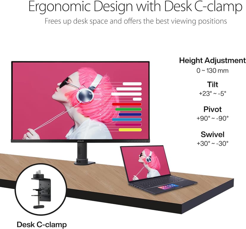 ASUS ProArt Display 32” 4K HDR Monitor (PA329CV) - UHD (3840 x 2160), IPS, 100% sRGB/Rec.709, ΔE < 2, Calman Verified, USB-C Power Delivery, DisplayPort, HDMI, USB 3.1 Hub, C-clamp, Height Adjustable
