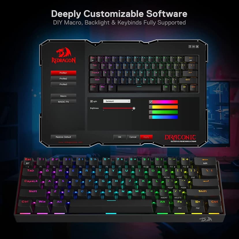 Redragon K530 Pro Draconic 60% Wireless RGB Mechanical Keyboard, BT/2.4Ghz/Wired 3-Mode 61 Keys Compact Gaming Keyboard w/Hot-Swap Socket, Free-Mod Plate Mounted PCB & Linear Red Switch