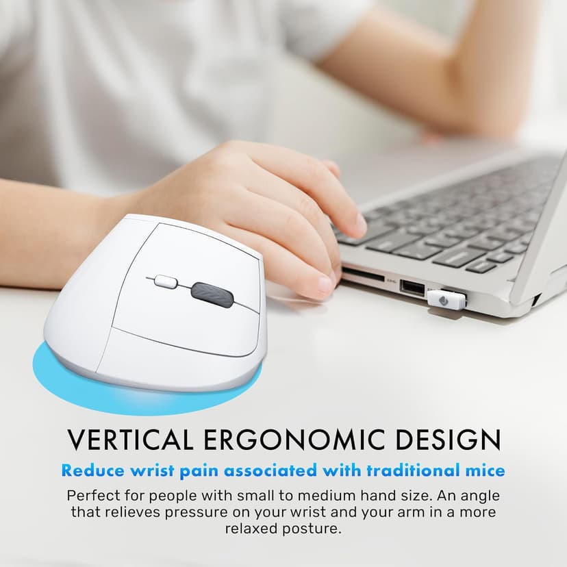 J-Tech Digital Wireless Mouse, Vertical Ergonomic Mouse with 2.4G Wireless & Bluetooth for 3 Multi-Device Function, Adjustable DPI Modes, Compatible with PC, Mac, Laptop - White