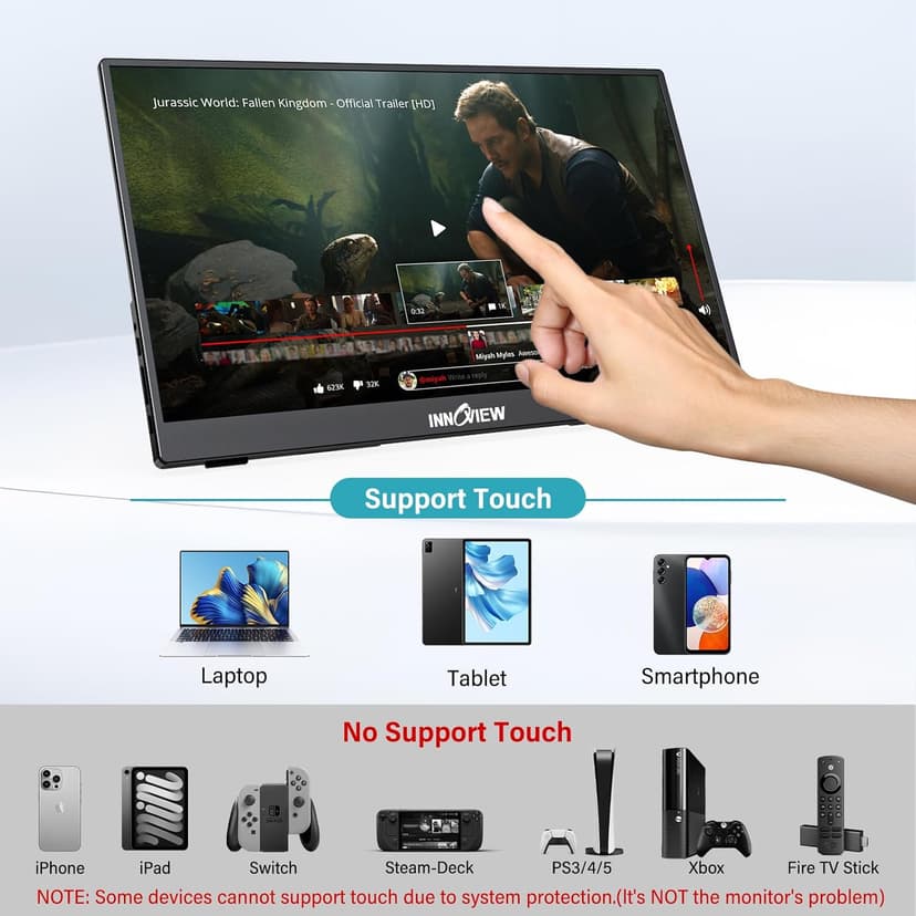 InnoView Portable Monitor Touchscreen 15.6" 1080P 10-Point Touch Screen Monitor Portable with Protective Sleeve Built-in Stand, 1200:1 HDMI USB C Travel Monitors for Laptop, PC, Mac, Phone, Switch