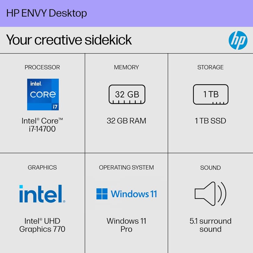 HP Envy Desktop PC, Intel Core i7-14700, 32 GB RAM, 1 TB SSD, Intel UHD Graphics 770, Windows 11 Pro, TE01-5002 (2024)