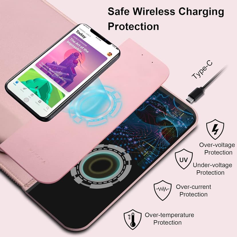 15W Wireless Charging Mouse Pad with Detachable Wrist Support and 20W Power Adapter, Fast QI Wireless Phone Charger Mouse Mat for iPhone 16/15/14/13/12/11/X and Samsung Multiple Devices (Pink)