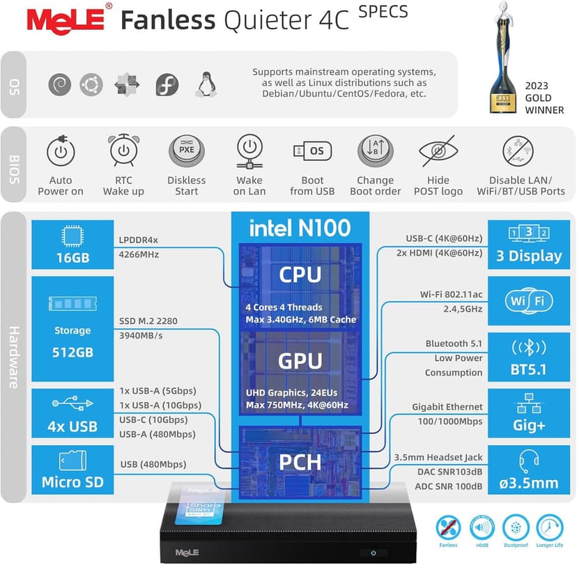 MeLE Mini PC Quieter 4C - 12th Gen N100, Fanless PC, 16GB RAM, 512GB Storage, 2.4/5G Wi-Fi, Full-Functional USB-C, 4K Triple Display Desktop on Home, Office, Education, Astrophotography