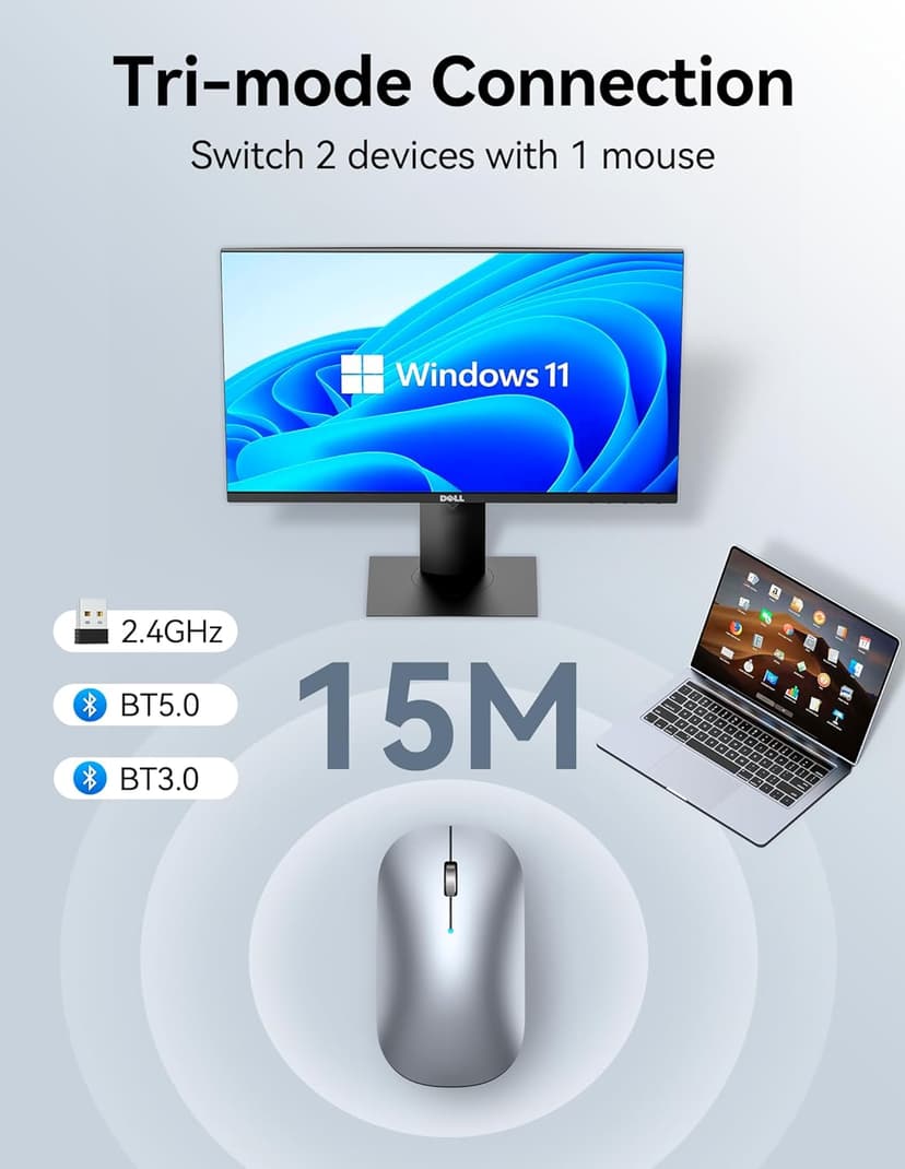 TECKNET Wireless Mouse, BT5.0/3.0 2.4GHz Silent Computer Mouse with USB Receiver,4000DPI Rechargeable Portable Bluetooth Mouse for Laptop/MacBook/Pro/iPad/Windows