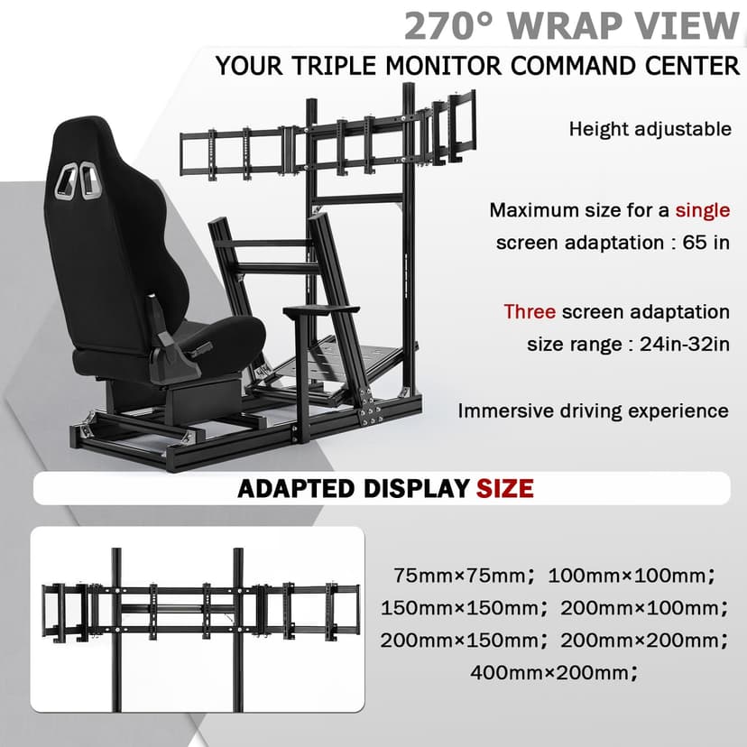 Supllueer 8040 Aluminum Racing Simulator Cockpit with 3 Monitor Stand and Black Seat,Universal and adjustable Cockpit, Compatible with Logitech/Thrustmaster/Fanatec/Moza Direct Drive Motors Wheels