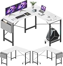 Sweetcrispy L Shaped Computer Desk - Gaming Corner 50 Inch PC White Writing Study Student Table with Wooden Desktop CPU Stand Side Bag Reversible for Home Office Room Small Space, Black