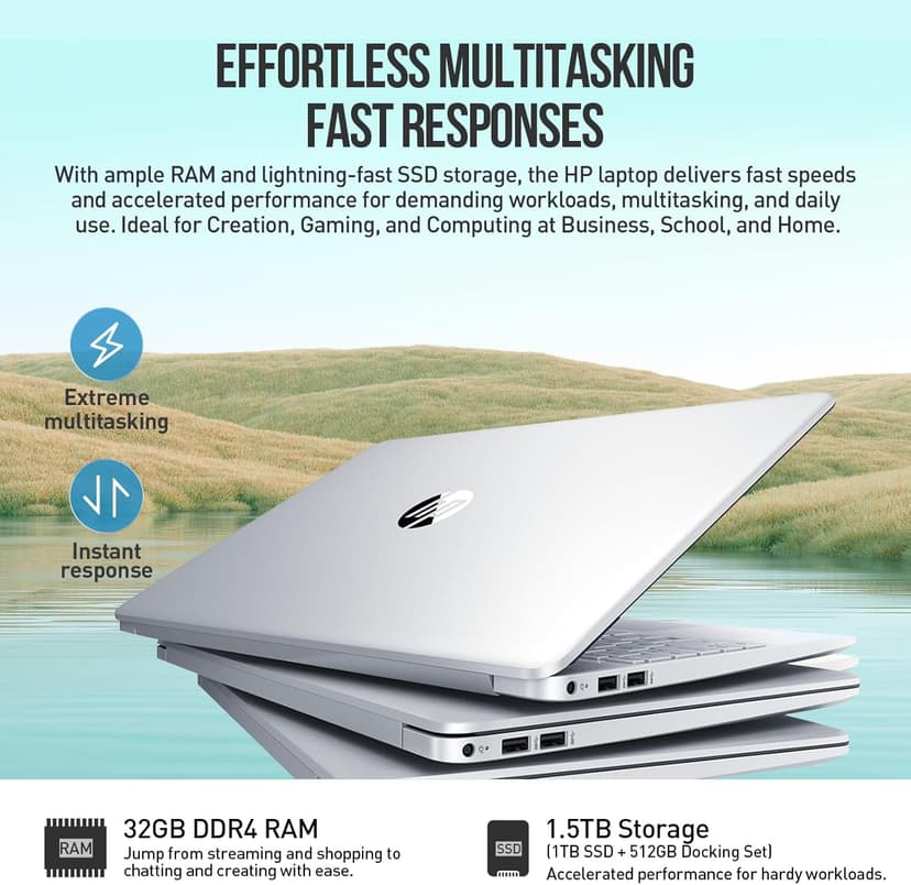 HP 15 Inch Laptop Computer, 15.6" FHD AMD Ryzen 5 Laptop with Lifetime Microsoft Office, Windows 11 Pro, 32GB RAM 1TB SSD+512GB Docking Set, Backlit Keyboard, 10-Key Number Pad