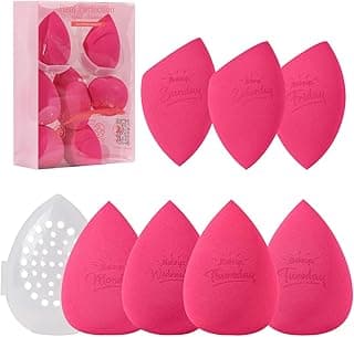 Real Perfection Makeup Sponge Set Blender Sponges, Latex-Free Beauty Makeup Sponges 7 pcs with 1 Travel Container Case for Blending Foundation Liquid Cream and Powder (Rose Red)