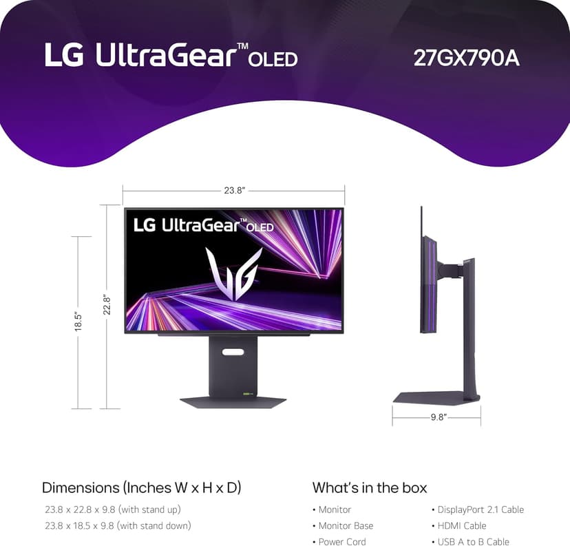 LG 27GX790A-B 27-inch Ultragear OLED Gaming Monitor QHD 1440p 480Hz, 0.03ms, DisplayPort 2.1, True Black 400, NVIDIA G-Sync, AMD FreeSync Premium Pro, HDMI, USB, Tilt/Height/Swivel/Pivot Stand, Black