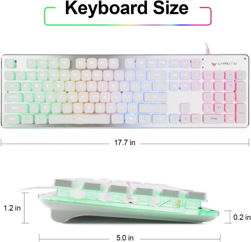 LANGTU Membrane Gaming Keyboard, Rainbow LED Backlit Quiet Keyboard for Office, USB Wired All-Metal Panel 25 Keys Anti-ghosting Computer Keyboard 104 Keys - L1 White/Silver