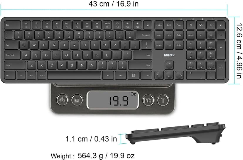 Arteck 2.4G USB Wireless Keyboard Ultra Slim Full Size Keyboard with Numeric Keypad and Media Hotkey for Computer/Desktop/PC/Laptop/Surface/Smart TV and Windows 11/10