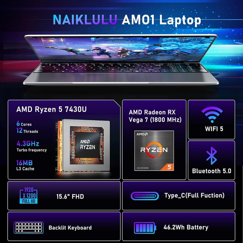 Gaming Laptop,15.6 Inch Laptop Computer,16GB RAM 1TB SSD,AMD Ryzen 5 7430U (up to 4.3Ghz,Beat 5700U),AMD Radeon Graphics,15.6”FHD 1920 * 1080 Display,WiFi 5,BT5.0,Backlit Keyboard