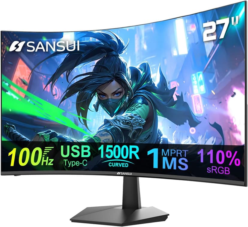 SANSUI Curved Monitor 27 inch 100Hz USB Type-C Computer Monitor with Speakers Built in丨FHD 1080p丨HDR丨110% sRGB丨1500R丨VESA Compatible,for Tablet,Desktop,Laptop and PC Work Gaming (ES-27C1)