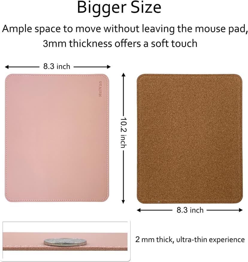 MelVan PU Leather Mouse Pad with Stitched Edge, Waterproof Gaming Mouse Mat for Computers, Laptop, Office & Home, 10.2" x 8.3", 1 Pack (Pink)