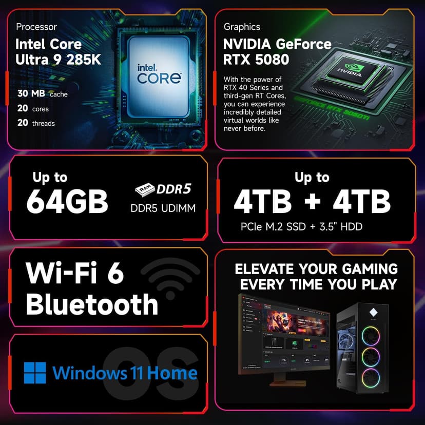 HP OMEN 45L GT22 AI Gaming Desktop, Intel Ultra 9 285k (>i9-14900F), RTX 4080 Super, 64GB DDR5 RAM, 4TB SSD, Black Glass Front, 1000W 80+ Gold PSU, Bundle with Machenike K500B RGB Keyboard