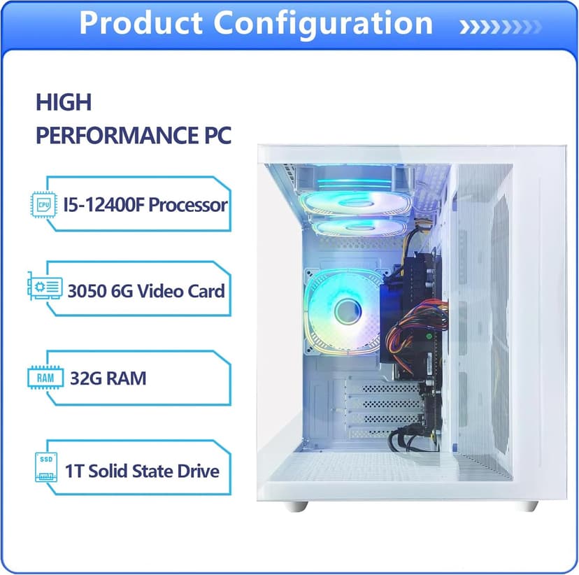 Gaming PC Core I5-12400F(6Cores Up to 4.4G) RTX 3050 6G Nvme SSD 1TB 32GB RAM 650W WiFi 6 Prebuilt Towers Desktop Computer White
