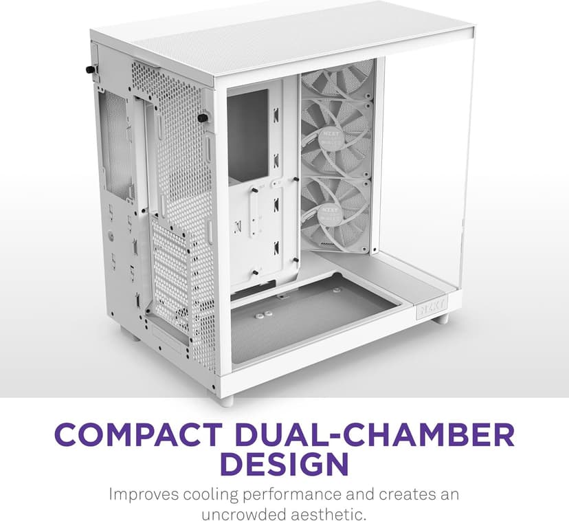 NZXT H6 Flow | CC-H61FW-01 | Compact Dual-Chamber Mid-Tower Airflow Case | Panoramic Glass Panels | High-Performance Airflow Panels | Includes 3 x 120mm Fans | Cable Management | White