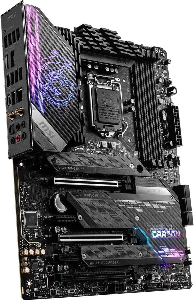 MSI MPG Z590 Gaming Carbon WiFi Gaming Motherboard (ATX, 11th/10th Gen Intel Core, LGA 1200 Socket, DDR4, PCIe 4, CFX, M.2 Slots, USB 3.2 Gen 2, Wi-Fi 6E, DP/HDMI, Mystic Light RGB)