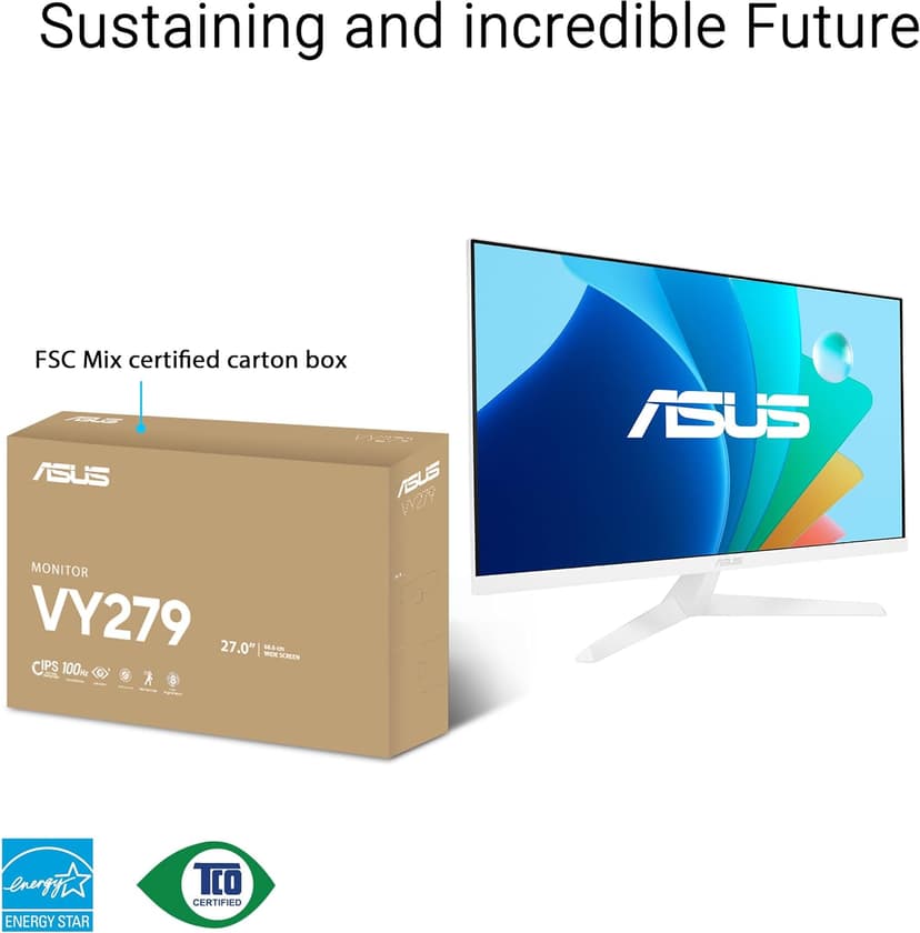 ASUS 27” 1080P Eye Care Monitor (VY279HF-W) - FHD, IPS, 100Hz, 1ms, Adaptive Sync, for Working and Gaming, Eye Care Plus technology, Blue Light Filter, Flicker Free, DisplayWidget Center, 3yr warranty