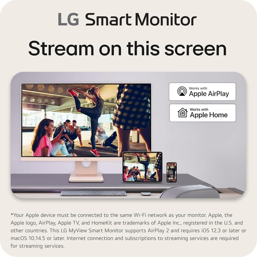 LG 27 MyView Smart Monitor, FHD IPS, 5ms, 60hz, WebOS 23, Built-in Speakers, ThinQ Home Dashboard, AirPlay 2, Screen Share, Bluetooth, HDR10, Flicker Safe, Reader Mode, Pink, with 5ave HDMI